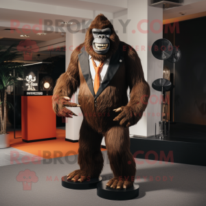 Rust Gorilla mascot costume character dressed with a Tuxedo and Shoe clips