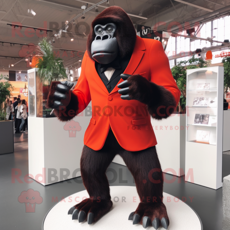 Rust Gorilla mascot costume character dressed with a Tuxedo and Shoe clips