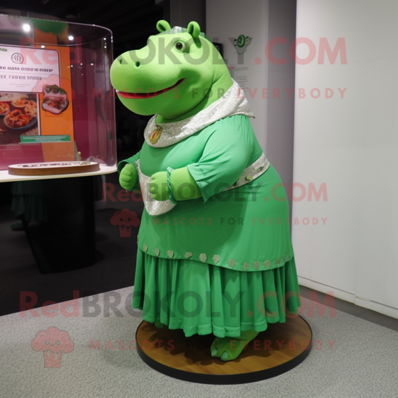 Green Hippopotamus mascot costume character dressed with a Skirt and Shawl pins