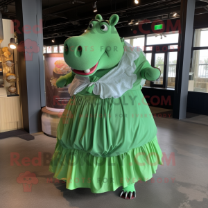 Green Hippopotamus mascot costume character dressed with a Skirt and Shawl pins