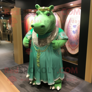 Green Hippopotamus mascot costume character dressed with a Skirt and Shawl pins