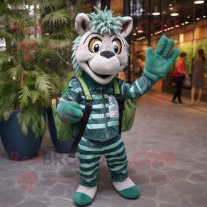 Forest Green Zebra mascot costume character dressed with a Denim Shirt and Backpacks