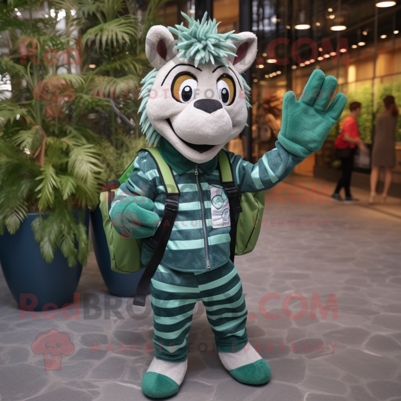 Forest Green Zebra mascot costume character dressed with a Denim Shirt and Backpacks