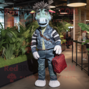 Forest Green Zebra mascot costume character dressed with a Denim Shirt and Backpacks