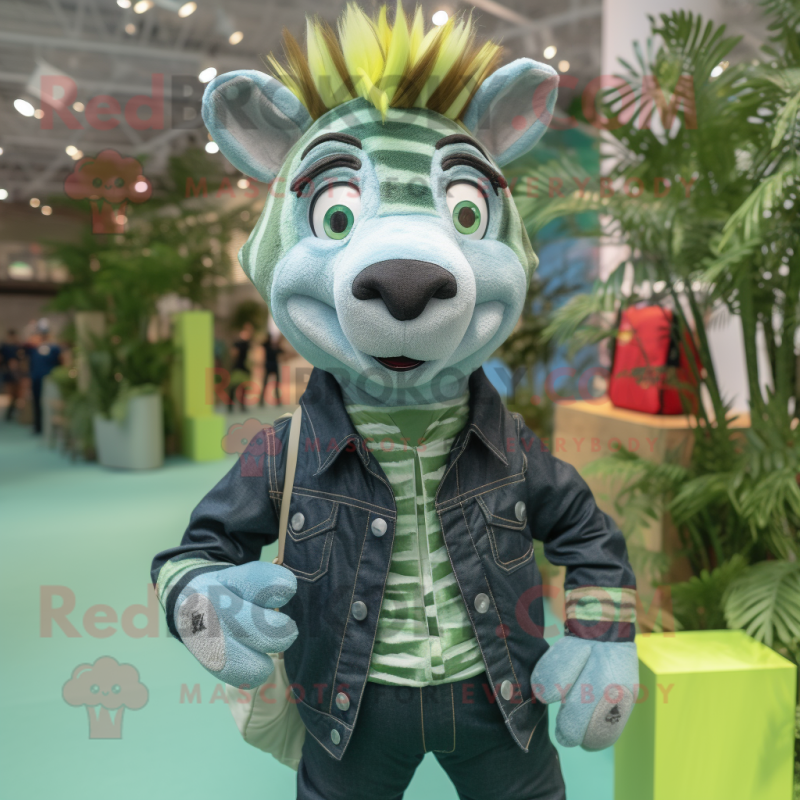 Forest Green Zebra mascot costume character dressed with a Denim Shirt and Backpacks