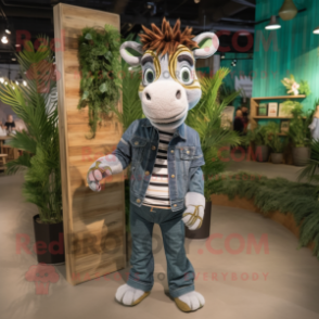 Forest Green Zebra mascot costume character dressed with a Denim Shirt and Backpacks