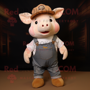 Tan Sow mascot costume character dressed with a Bootcut Jeans and Caps