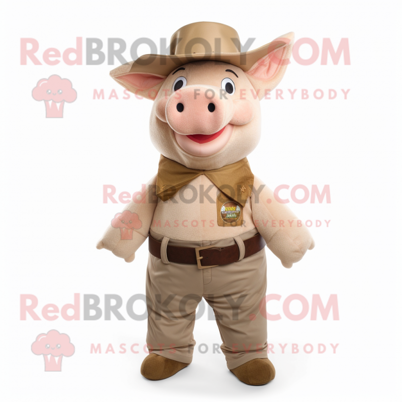 Tan Sow mascot costume character dressed with a Bootcut Jeans and Caps