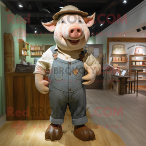 Tan Sow mascot costume character dressed with a Bootcut Jeans and Caps