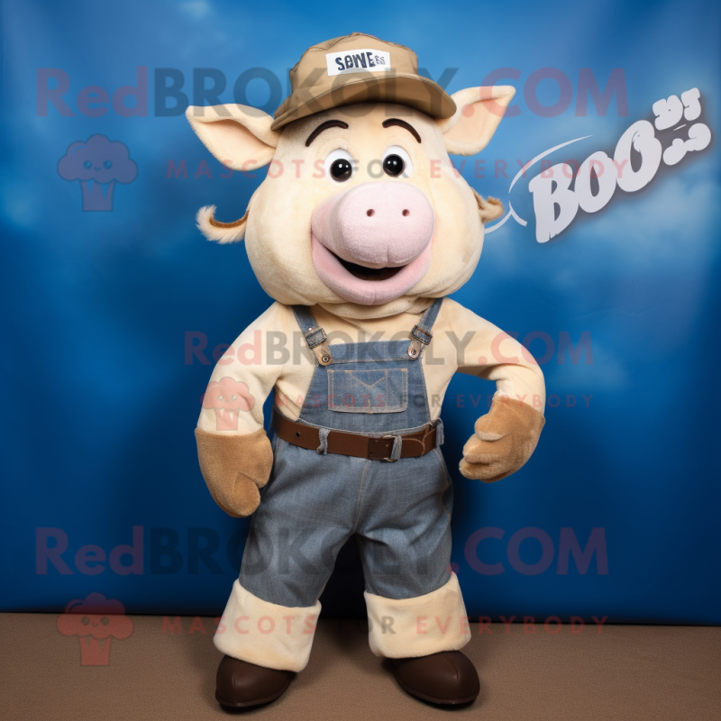 Tan Sow mascot costume character dressed with a Bootcut Jeans and Caps