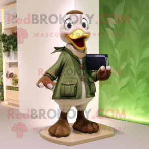 Olive Goose mascot costume character dressed with a Jacket and Clutch bags