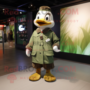 Olive Goose mascot costume character dressed with a Jacket and Clutch bags