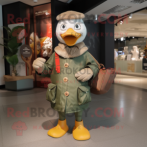 Olive Goose mascot costume character dressed with a Jacket and Clutch bags