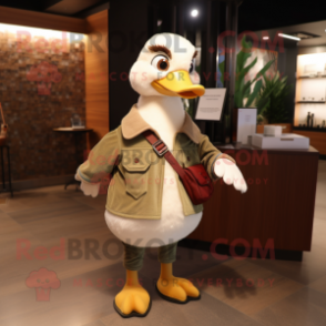 Olive Goose mascot costume character dressed with a Jacket and Clutch bags