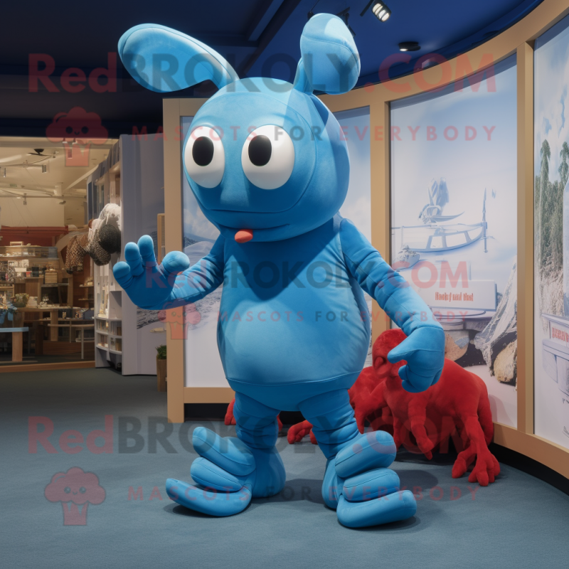 Sky Blue Lobster Bisque mascot costume character dressed with a Romper and Foot pads Sky Blue Lobster Bisque mascot costume character dressed with a Romper and Foot pads