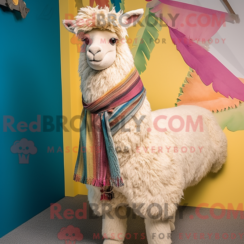 Fantasia de lhama bege com jeans e cachecóis - Mascotes lhamas - REBROKO_322467 - RedBrokoly.com