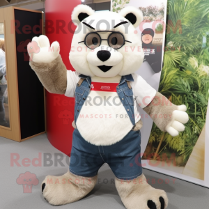 White Spectacled Bear mascot costume character dressed with a Bootcut Jeans and Foot pads