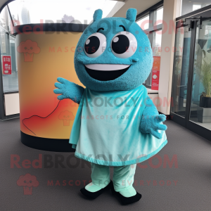 Turquoise Sushi mascot costume character dressed with a Culottes and Foot pads