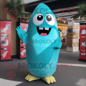 Turquoise Sushi mascot costume character dressed with a Culottes and Foot pads