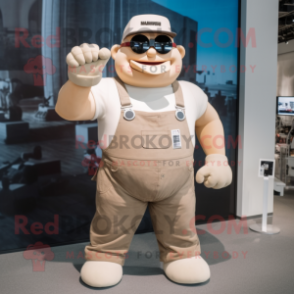 Beige Strongman mascot costume character dressed with a Dungarees and Smartwatches