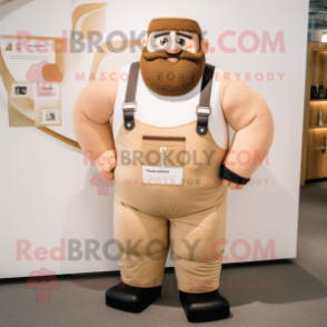 Beige Strongman mascot costume character dressed with a Dungarees and Smartwatches