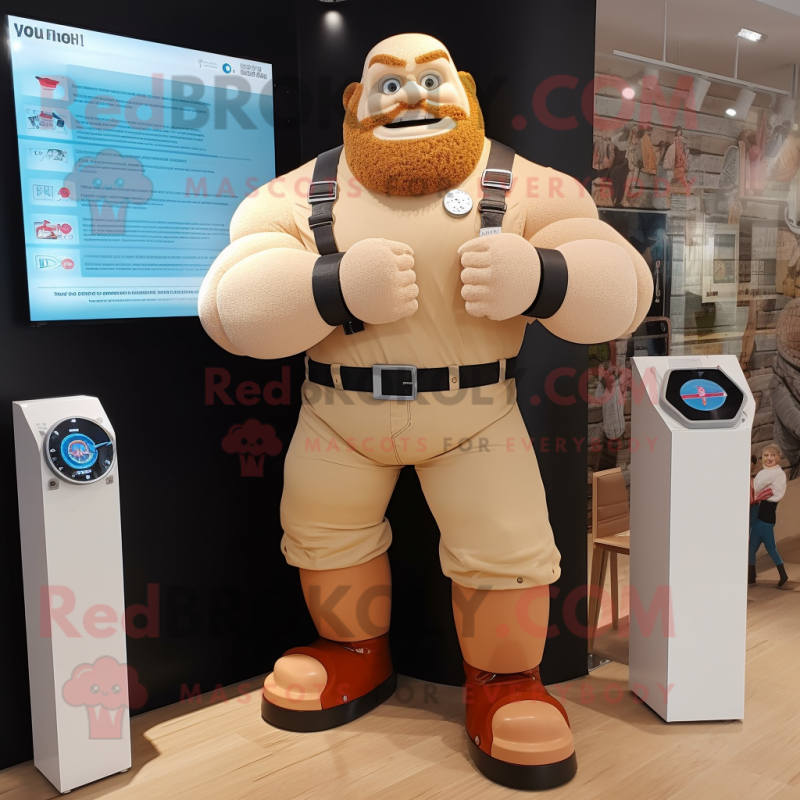 Beige Strongman mascot costume character dressed with a Dungarees and Smartwatches Beige Strongman mascot costume character dressed with a Dungarees and Smartwatches