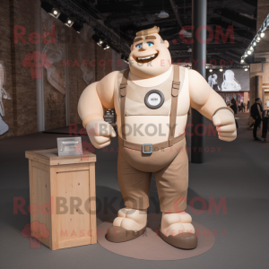 Beige Strongman mascot costume character dressed with a Dungarees and Smartwatches