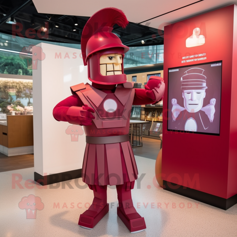 Maroon Spartan Soldier mascot costume character dressed with a Shift Dress and Hats Maroon Spartan Soldier mascot costume character dressed with a Shift Dress and Hats