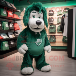 Forest Green Dog mascot costume character dressed with a Sweatshirt and Handbags