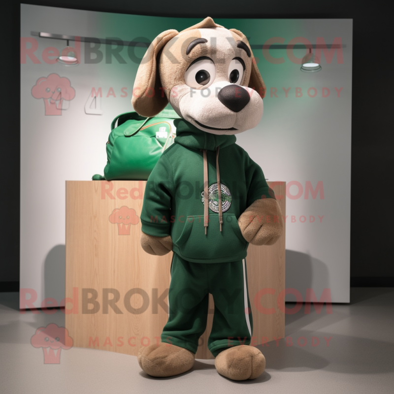 Forest Green Dog mascot costume character dressed with a Sweatshirt and Handbags