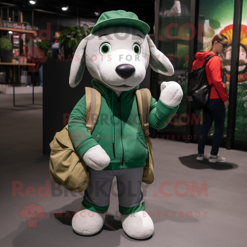 Forest Green Dog mascot costume character dressed with a Sweatshirt and Handbags