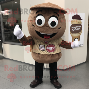 Brown Ramen mascot costume character dressed with a Oxford Shirt and Smartwatches