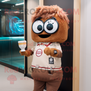 Brown Ramen mascot costume character dressed with a Oxford Shirt and Smartwatches