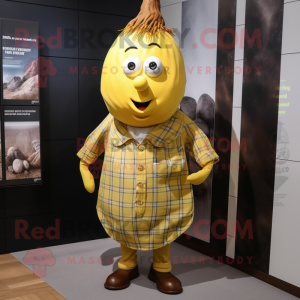 Yellow Onion mascot costume character dressed with a Flannel Shirt and Cufflinks