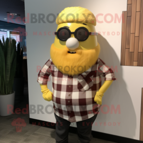 Yellow Onion mascot costume character dressed with a Flannel Shirt and Cufflinks