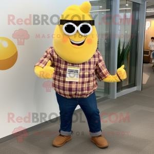 Yellow Onion mascot costume character dressed with a Flannel Shirt and Cufflinks