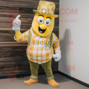 Yellow Onion mascot costume character dressed with a Flannel Shirt and Cufflinks