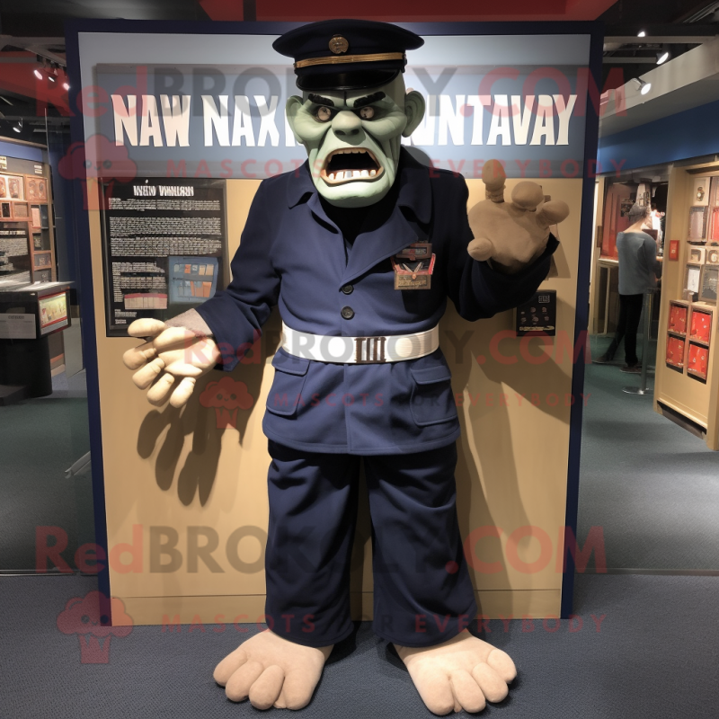 Navy Frankenstein mascot costume character dressed with a Henley Shirt and Belts