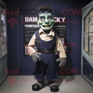 Navy Frankenstein mascot costume character dressed with a Henley Shirt and Belts