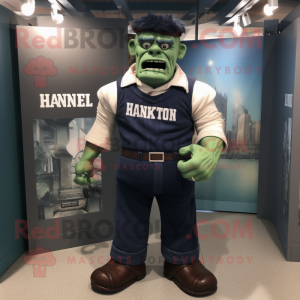 Navy Frankenstein mascot costume character dressed with a Henley Shirt and Belts