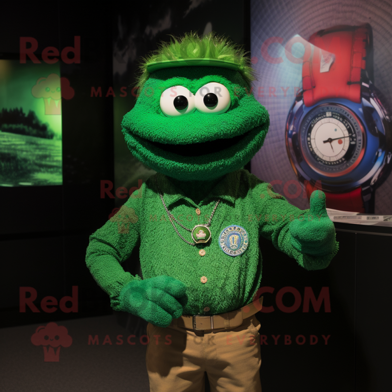 Green Pho mascot costume character dressed with a Henley Tee and Bracelet watches Green Pho mascot costume character dressed with a Henley Tee and Bracelet watches