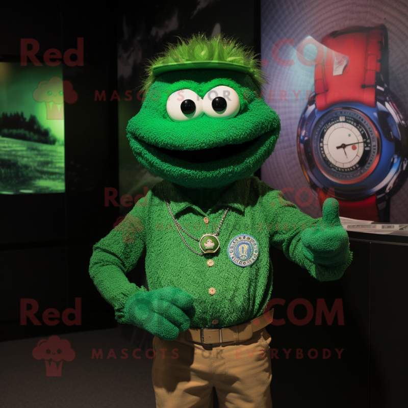 Green Pho mascot costume character dressed with a Henley Tee and Bracelet watches