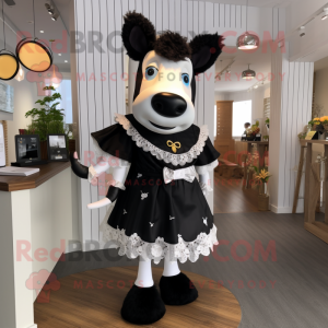 Black Hereford Cow mascot costume character dressed with a Mini Dress and Earrings