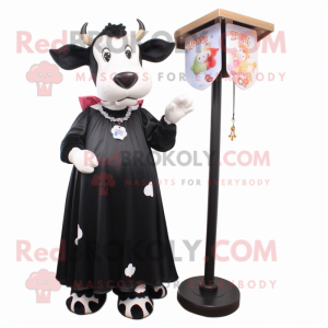 Black Hereford Cow mascot costume character dressed with a Mini Dress and Earrings