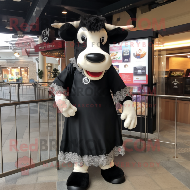 Black Hereford Cow mascot costume character dressed with a Mini Dress and Earrings