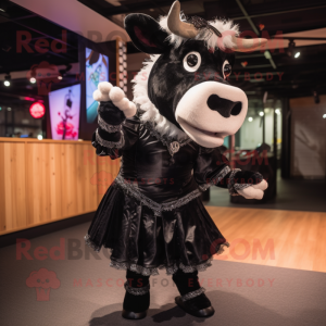 Black Hereford Cow mascot costume character dressed with a Mini Dress and Earrings