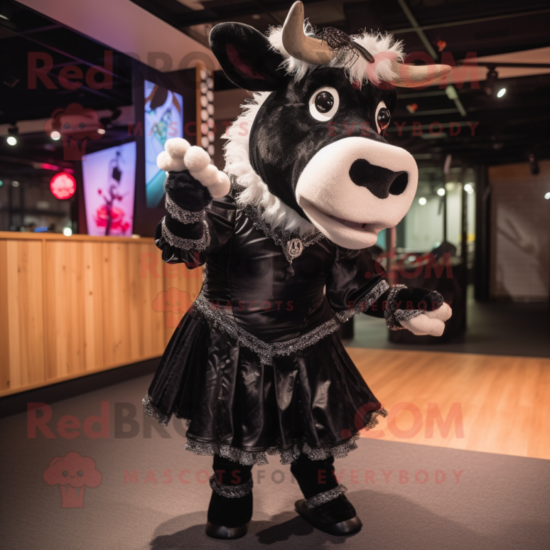 Black Hereford Cow mascot costume character dressed with a Mini Dress and Earrings Black Hereford Cow mascot costume character dressed with a Mini Dress and Earrings