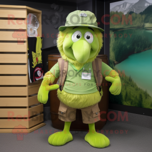 Lime Green Kiwi mascot costume character dressed with a Cargo Shorts and Cummerbunds