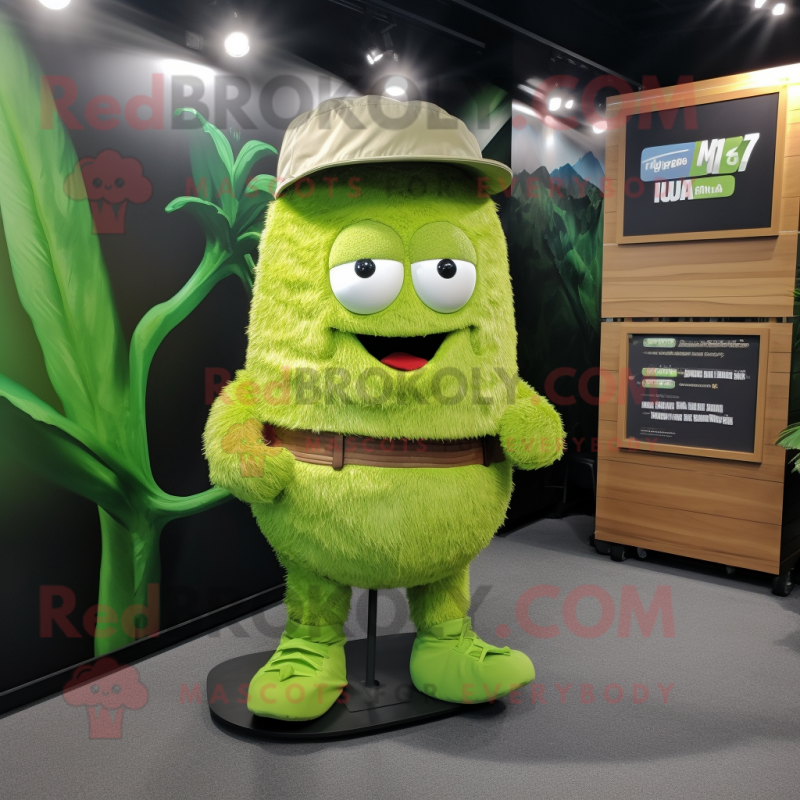 Lime Green Kiwi mascot costume character dressed with a Cargo Shorts and Cummerbunds