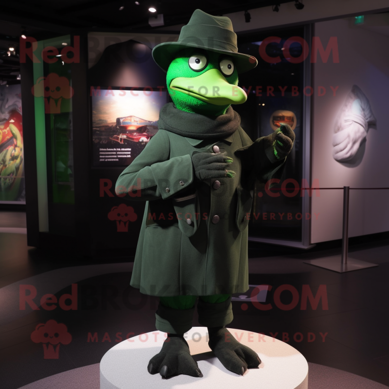 Green Blackbird mascot costume character dressed with a Turtleneck and Hat pins Green Blackbird mascot costume character dressed with a Turtleneck and Hat pins
